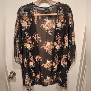 Rue+ Women's Black Floral Chiffon Kimono Cardigan Jacket Sz 1X/2X Romantic